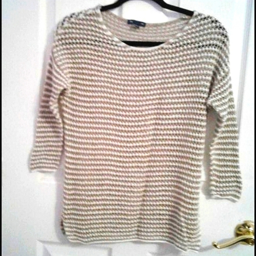 GAP Tan & White Striped Open Knit Loose Fit Beachy Linen Blend Knit Top S